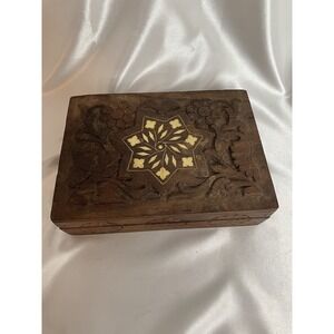 Boho Jewelry Trinket Box Hand Carved Wood Flowers Side 7" X 5"